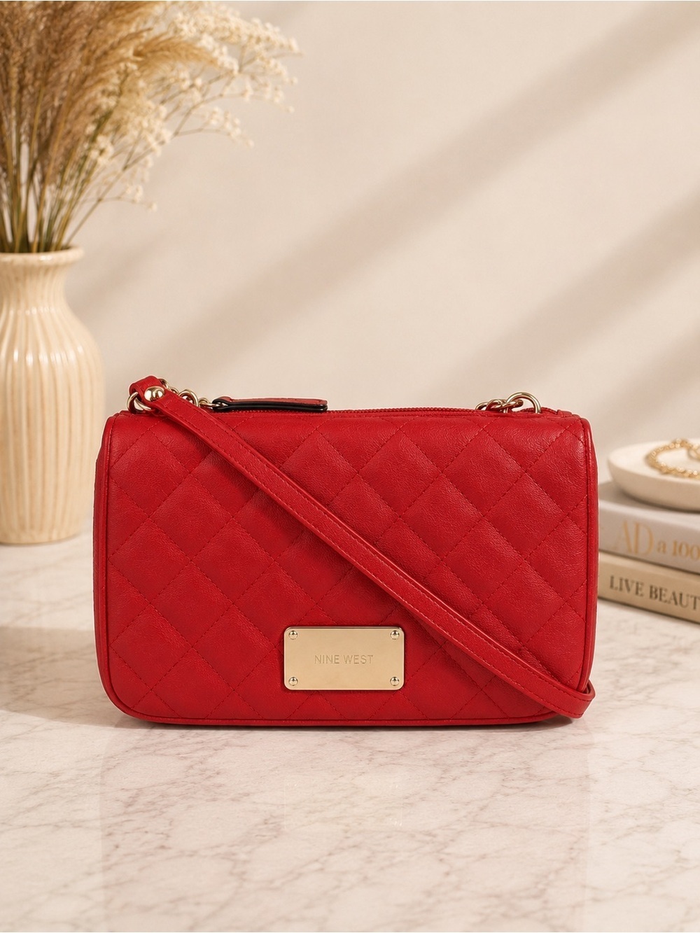 Nine West Red Quilted Faux Leather Crossbody Bag Gold Chain Strap
